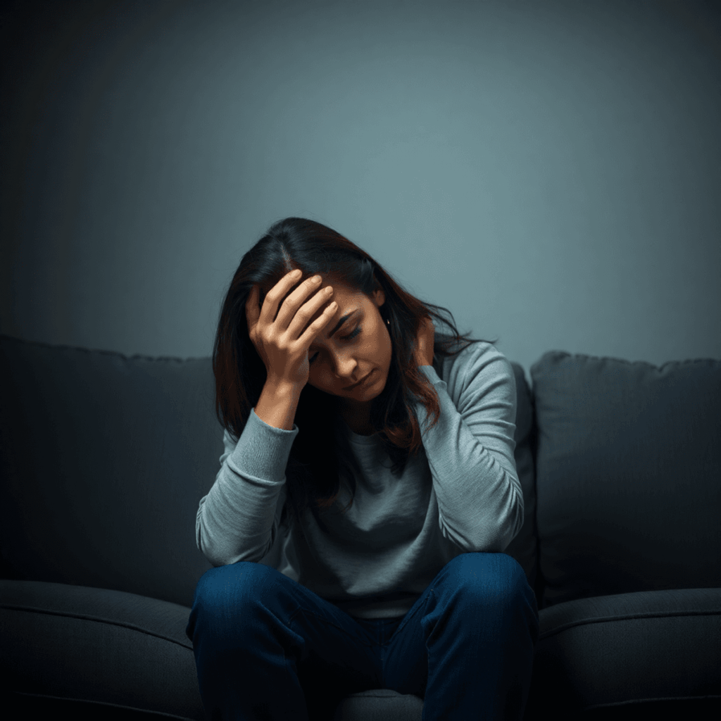 En kvinne sitter fremoverbøyd med hodet i hendene med sterkt visuelt uttrykk for fatigue, utmattelse og følelsesmessig overbelastning, ofte knyttet til behovet for hjelp fra en utbrent psykolog.