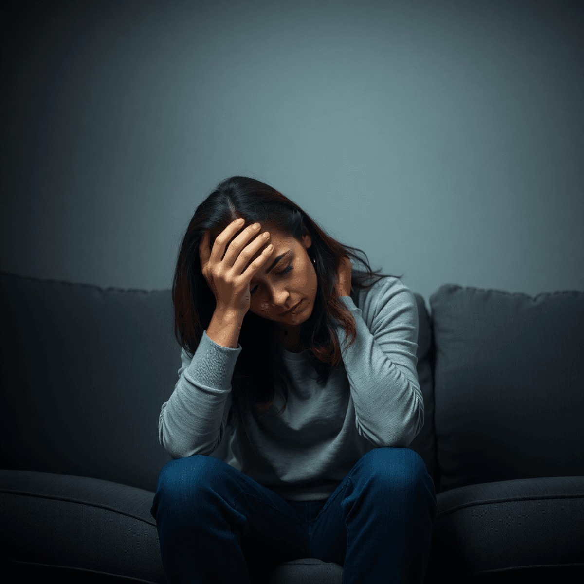 En kvinne sitter fremoverbøyd med hodet i hendene med sterkt visuelt uttrykk for fatigue, utmattelse og følelsesmessig overbelastning, ofte knyttet til behovet for hjelp fra en utbrent psykolog.
