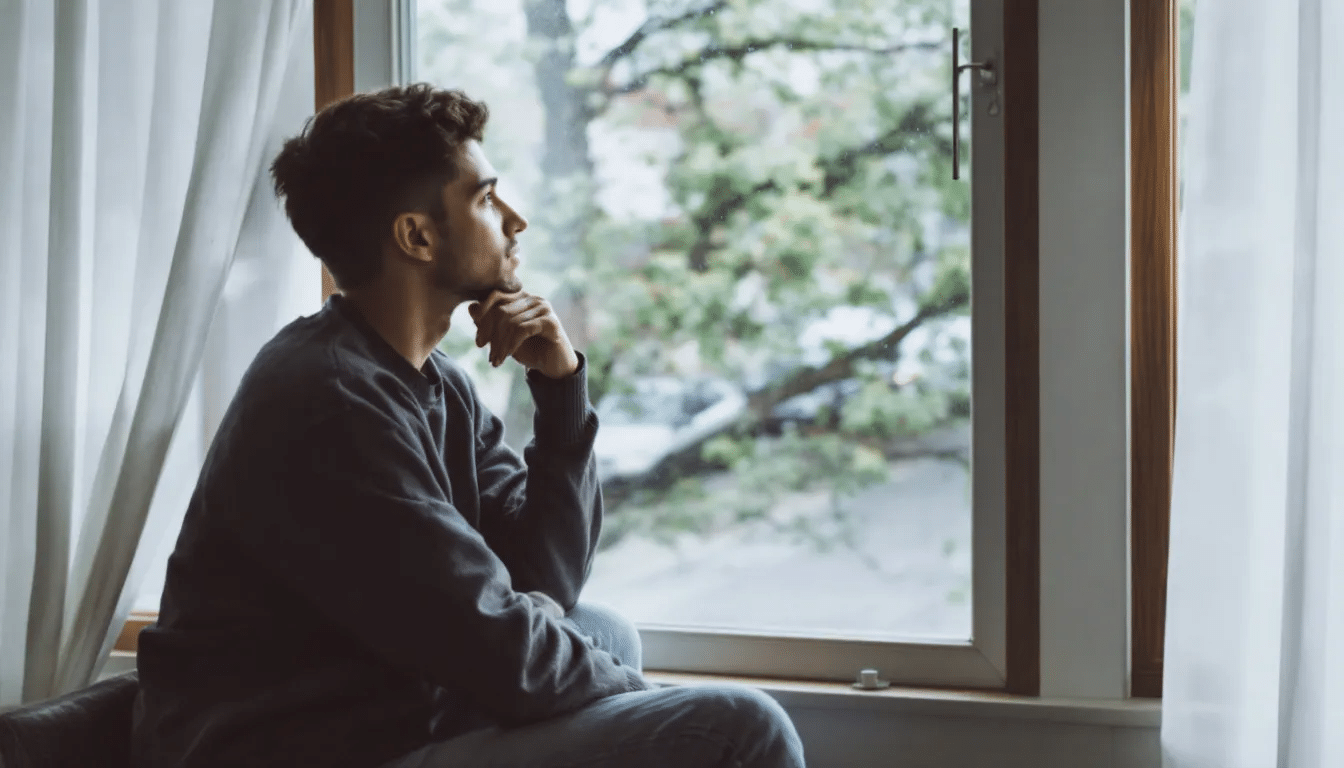 En fredelig scene viser en person som sitter ved et vindu og reflekterer over livet. Dette øyeblikket av mindfulness gir rom for å akseptere egne følelser og styrke selvmedfølelsen i møte med livets utfordringer.
