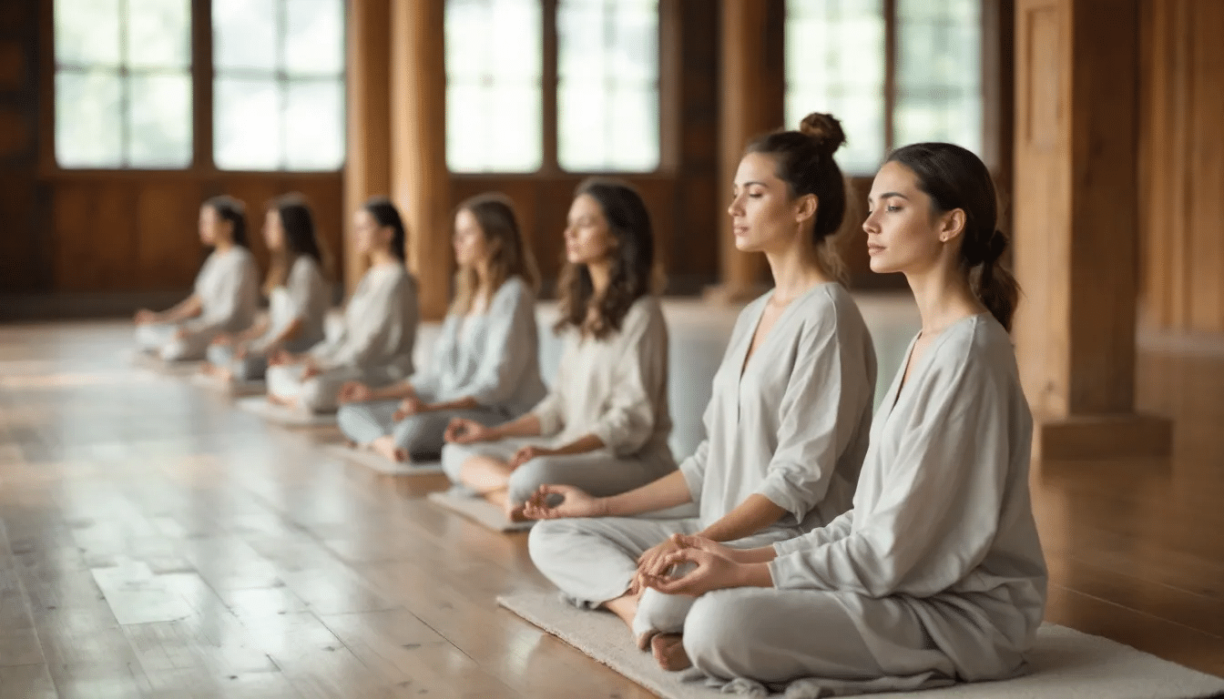 Bildet viser rolige hender som hviler på fanget under en meditasjon, symboliserende mindfulness og selvmedfølelse. Dette øyeblikket inviterer til å akseptere egne følelser og håndtere stress på en vennlig måte.