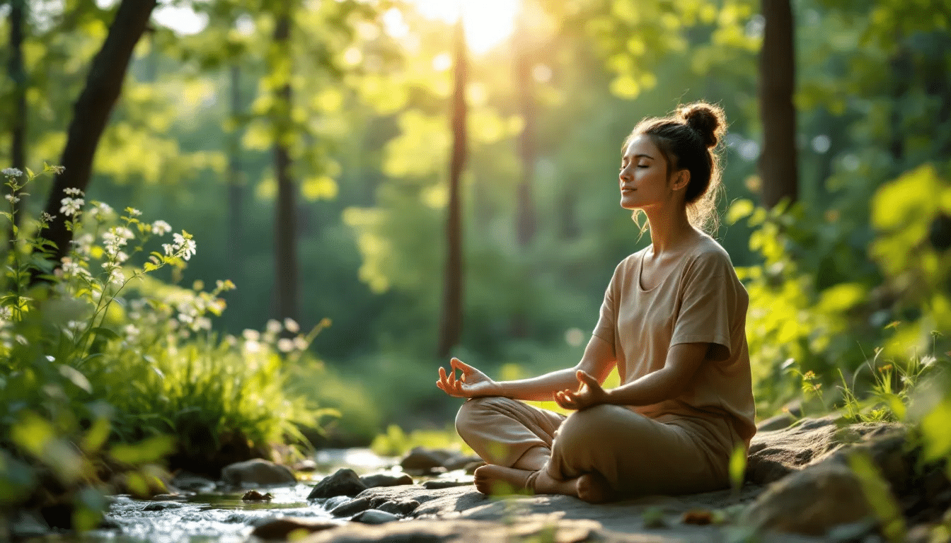 En person sitter rolig i naturskjønne omgivelser og praktiserer mindfulness, og tar seg tid til å møte sine egne følelser med selvmedfølelse. Dette øyeblikket av indre ro hjelper vedkommende med å håndtere stress og oppnå en bedre forståelse av livet.