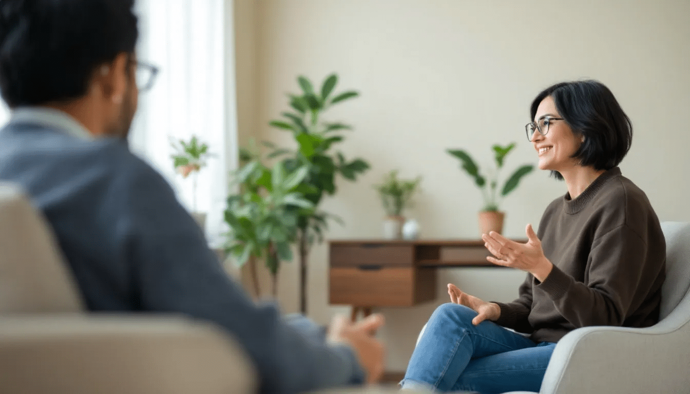 Bildet viser en terapitime mellom en behandler og en klient i et rolig kontormiljø, hvor de diskuterer temaer som inntak av rusmidler, inkludert kokain, og hvordan stoffet kan påvises i blod og urin i timer etter inntak. Samtalen gir innsikt i hvor lenge kokain kan være til stede i kroppen, avhengig av faktorer som mengde og bruk.